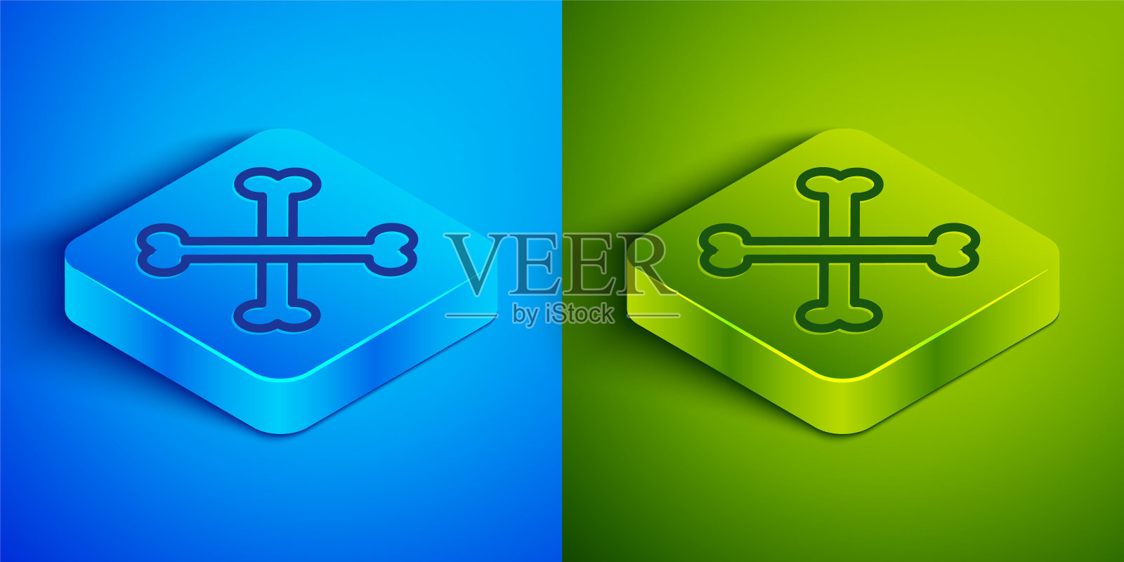 交叉的人类骨骼图标孤立在蓝色和绿色的背景。方形按钮。向量图标素材