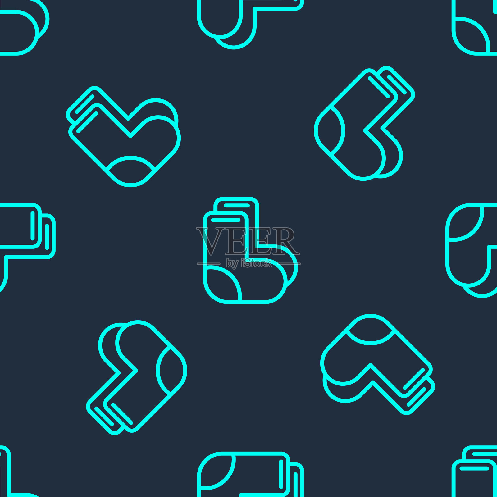 绿线瓦伦基图标隔离无缝模式上的蓝色背景。俄罗斯冬季鞋。俄罗斯的传统保暖靴。向量插画图片素材