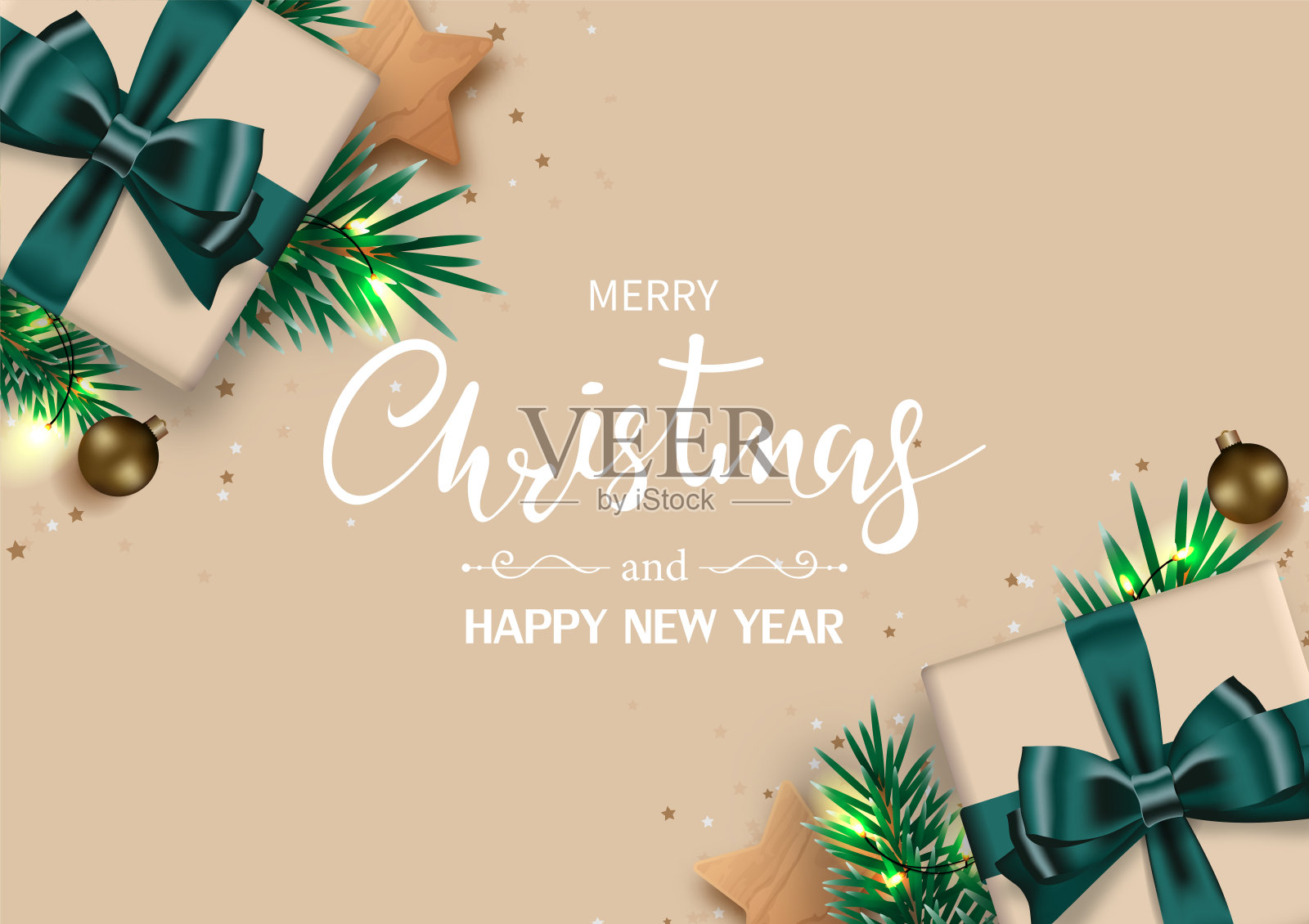 圣诞快乐，恭贺新禧。圣诞背景作文装饰礼盒，松树，星星，和闪闪发光的灯。前视图。矢量插图。插画图片素材