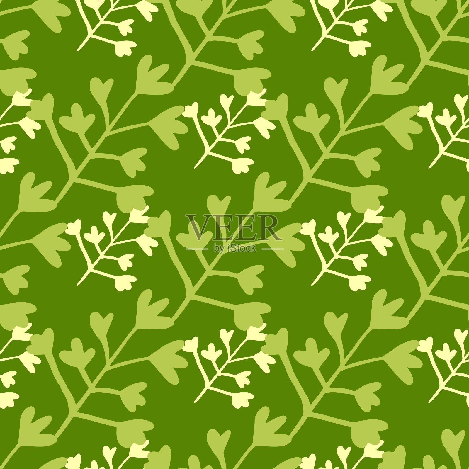 绿色无缝图案与花卉剪影。明亮的春天的背景。插画图片素材