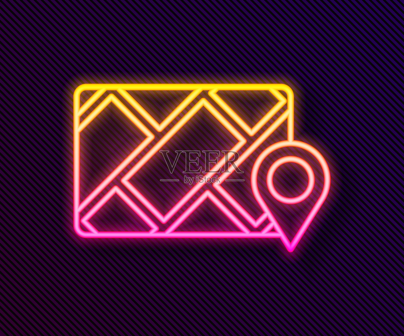 发光的霓虹灯线信息图的城市地图导航图标隔离在黑色背景。手机应用界面概念设计。Geolacation概念。矢量图插画图片素材