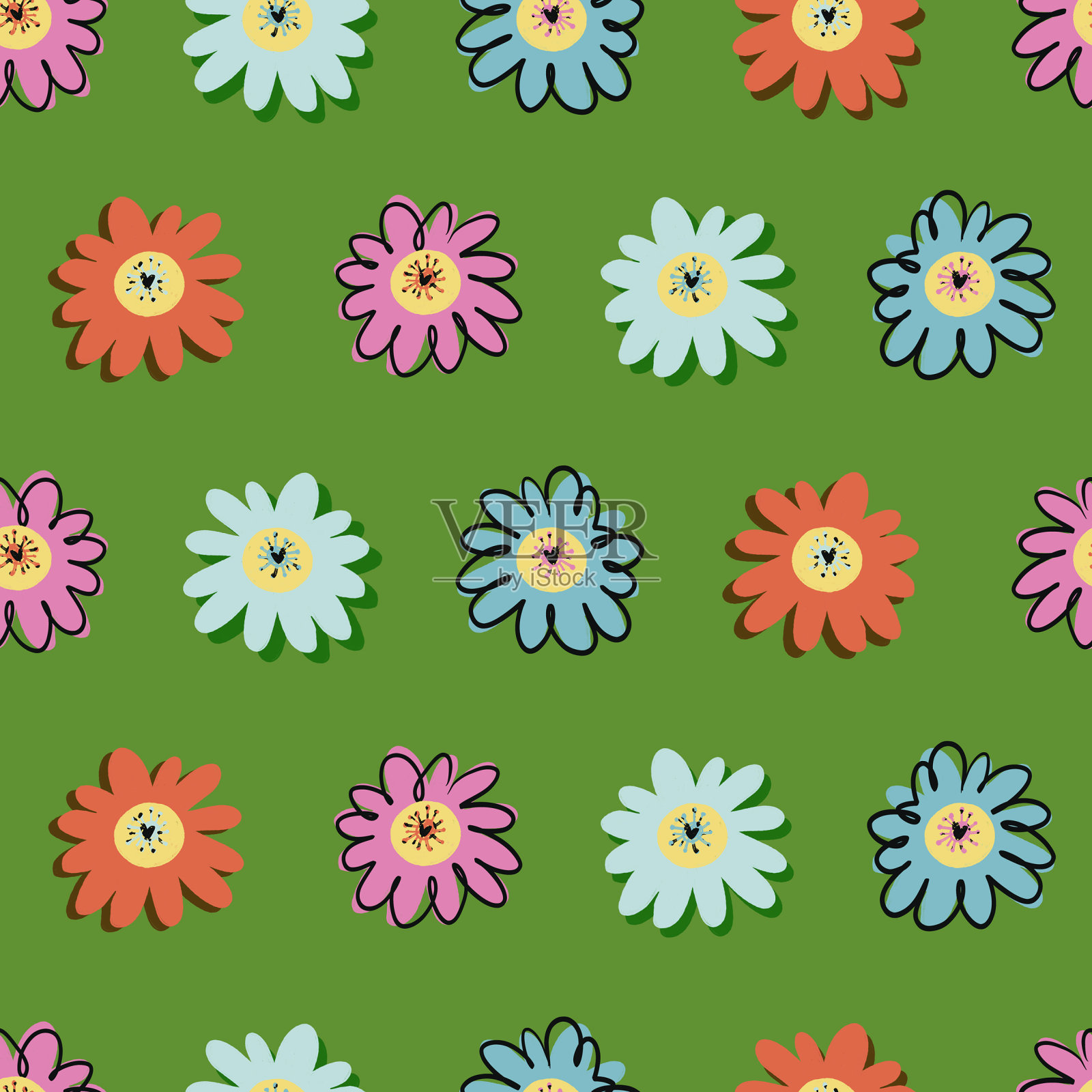 复古手绘可爱的花朵插图无缝模式插画图片素材