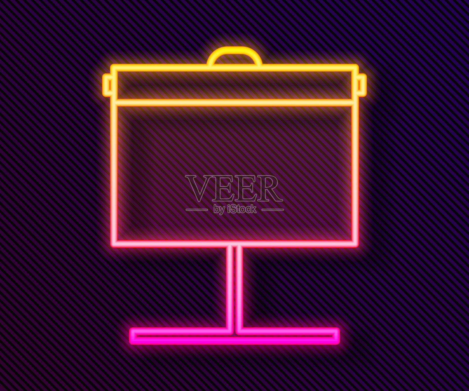 发光的霓虹灯线投影屏幕图标孤立在黑色背景。业务演示可视内容，如幻灯片、信息图和视频。矢量图插画图片素材