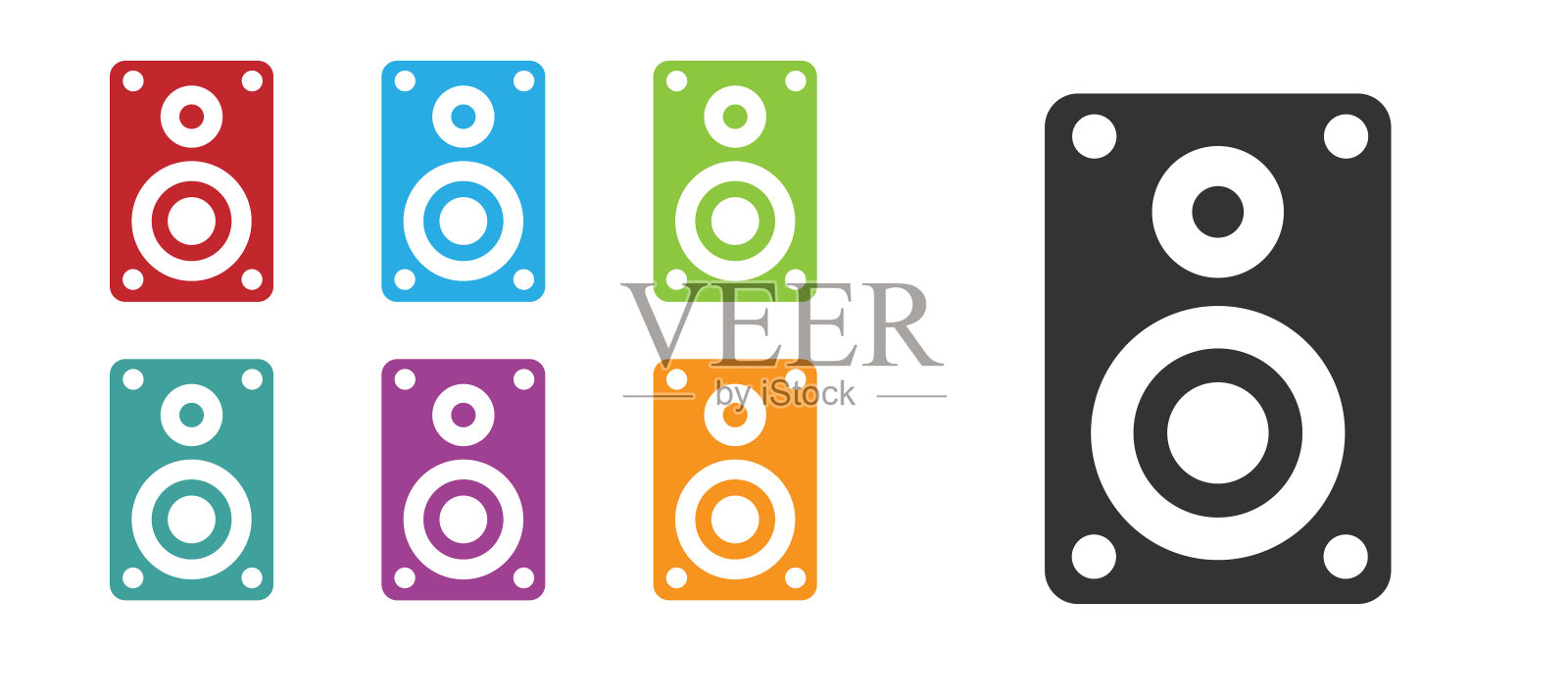 黑色立体声扬声器图标孤立的白色背景。音响系统扬声器。音乐图标。音乐圆柱扬声器低音设备。设置图标丰富多彩。矢量图图标素材