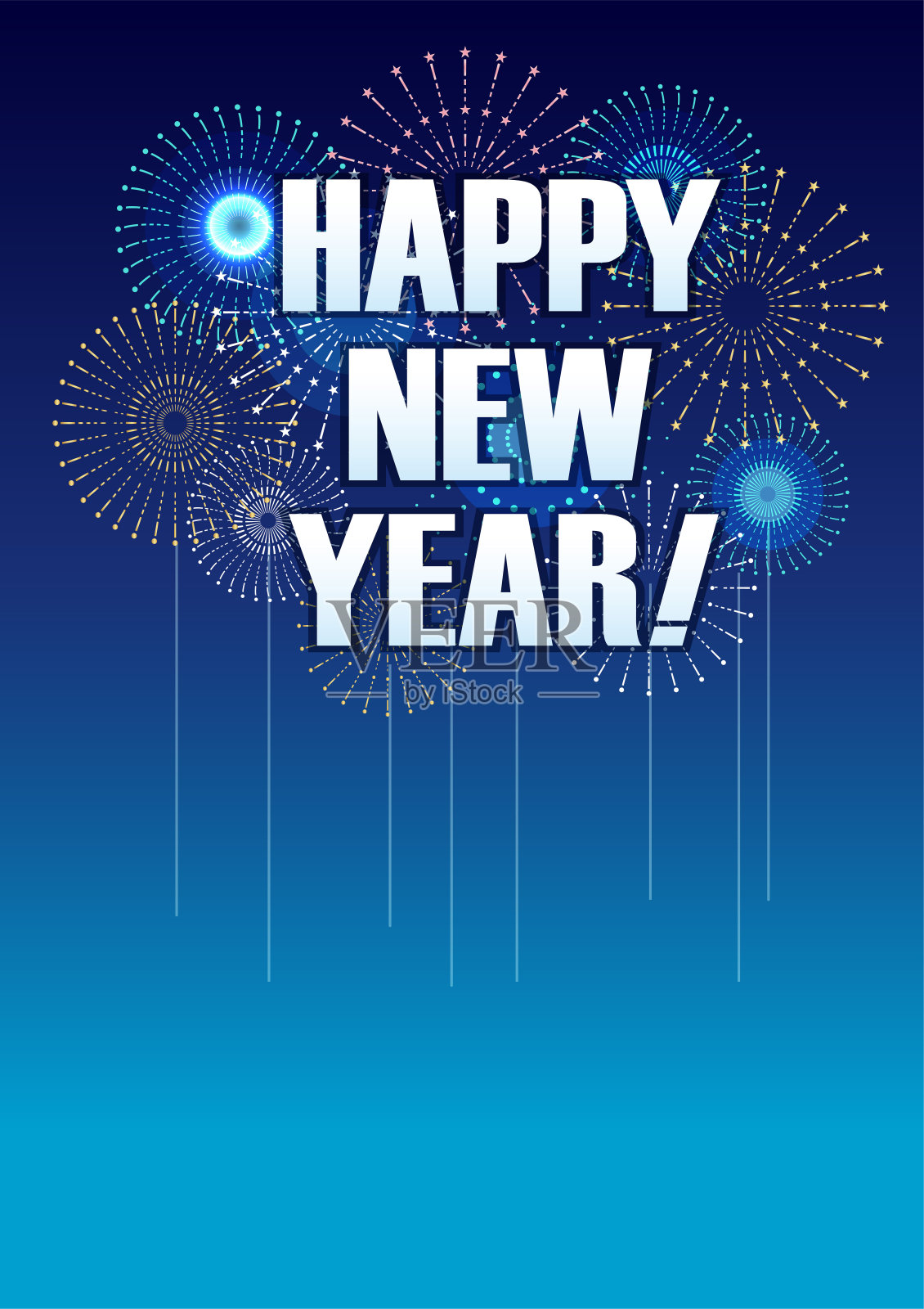 新年快乐向量标志和烟花在蓝色背景与文本空间。插画图片素材