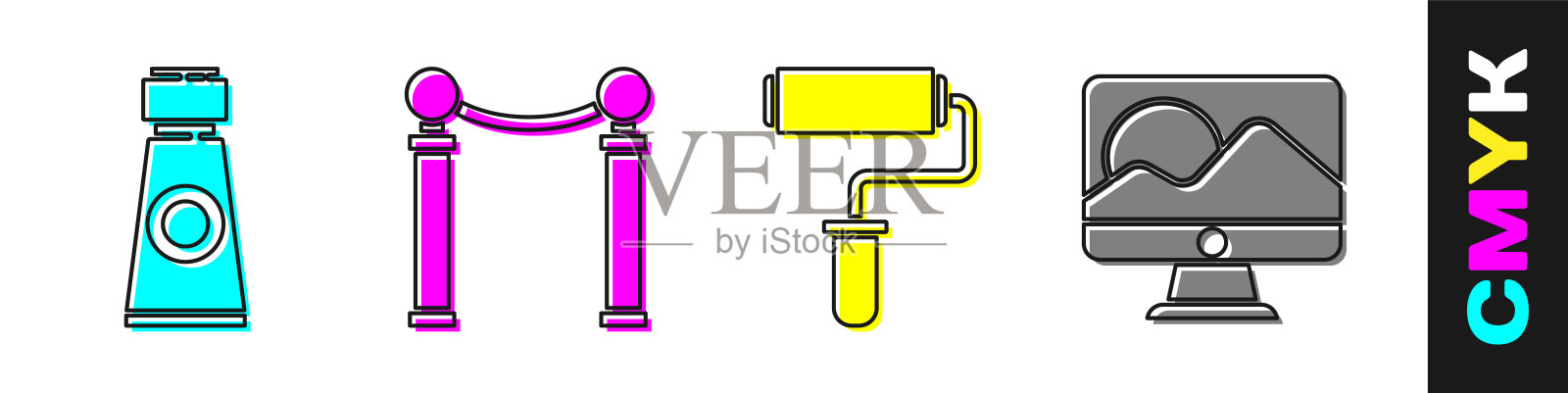 设置管与油漆调色板，绘画展览，油漆滚筒刷和电脑显示器屏幕图标。向量图标素材