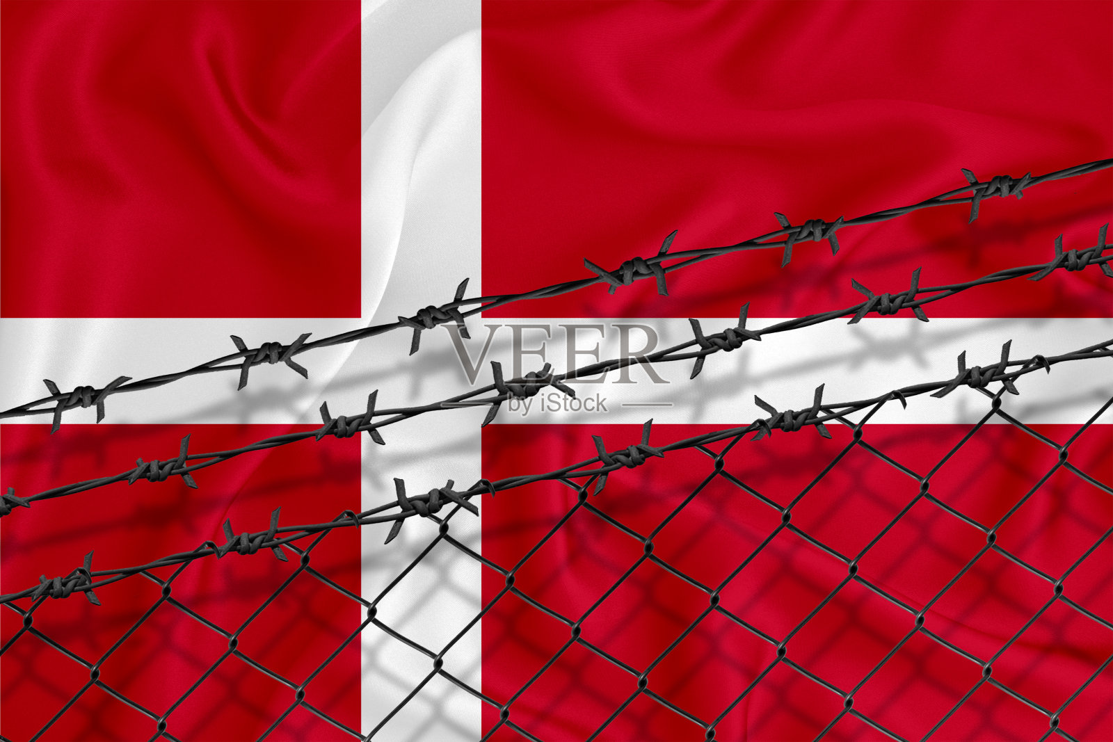 发展丹麦旗，有铁丝网和铁丝网。移民孤立的概念。为你的文本。插画图片素材