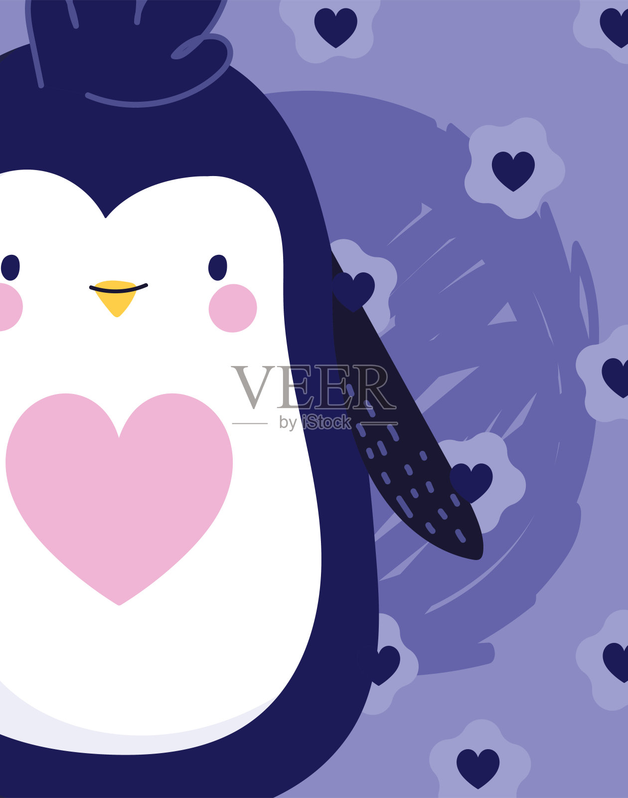 企鹅南极鸟类动物卡通野生动物紫色心形背景装饰插画图片素材