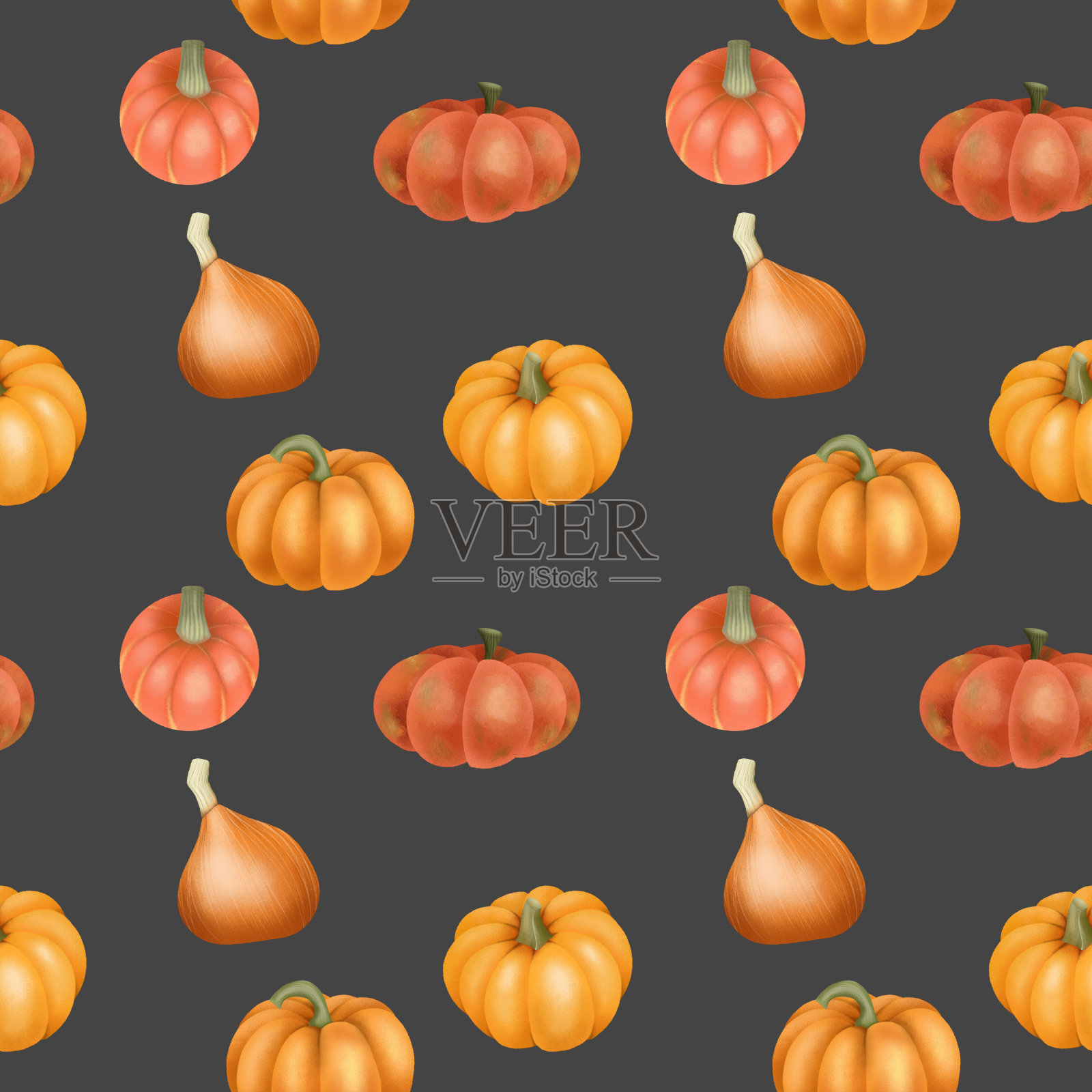 无缝图案的手绘橙色南瓜在一个黑暗的背景插画图片素材