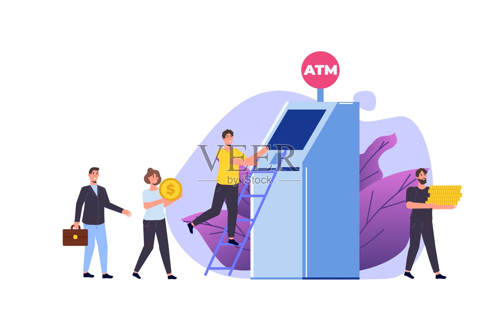 人们在自动取款机旁排队。在自动取款机前排队。执行金融交易矢量插图在一个平坦的风格插画图片素材