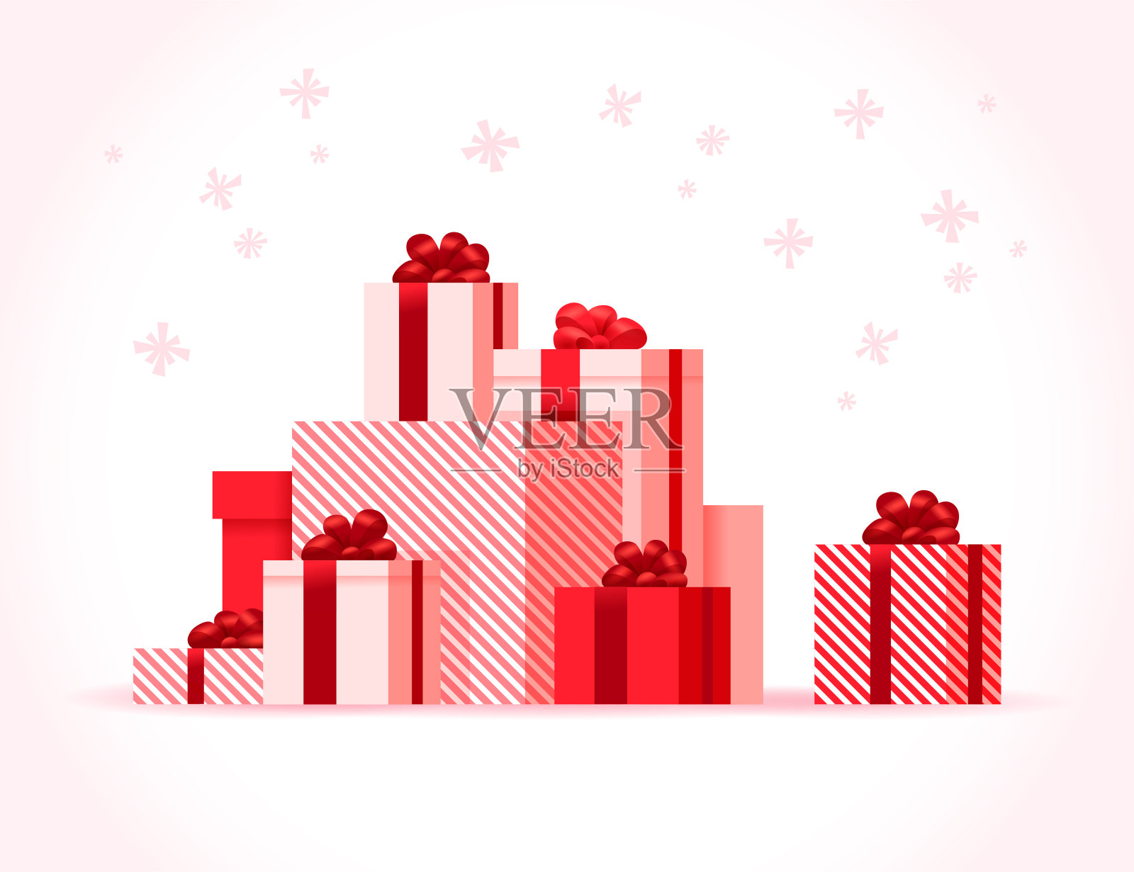 各种各样的装饰精美的礼品盒用蝴蝶结、彩带在包装纸上孤立在雪白的背景上。插画图片素材