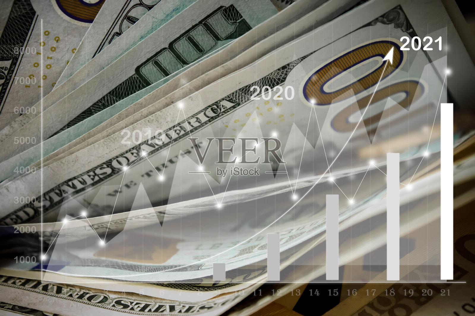 近距离透视钞票作为背景与虚拟全息图统计，图形。2021. 金钱和财务。省钱理念。成功、财富、贫穷、贫穷的概念。业务增长的概念。照片摄影图片