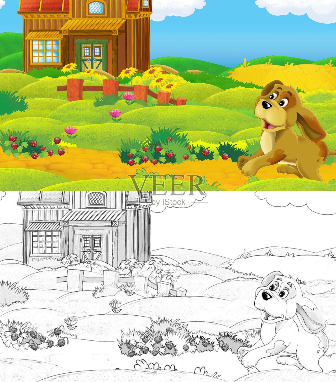 卡通场景与素描农场农场动物附近的木制谷仓-插图插画图片素材