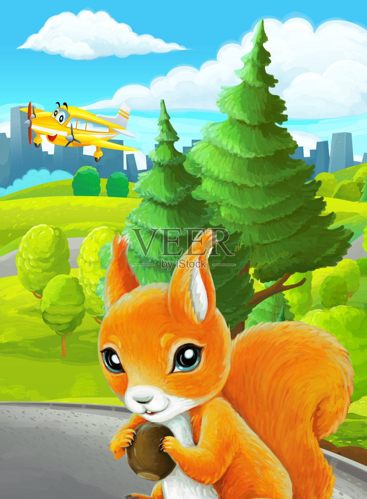 郊外公园卡通场景与素描配私人飞机飞行插画插画图片素材