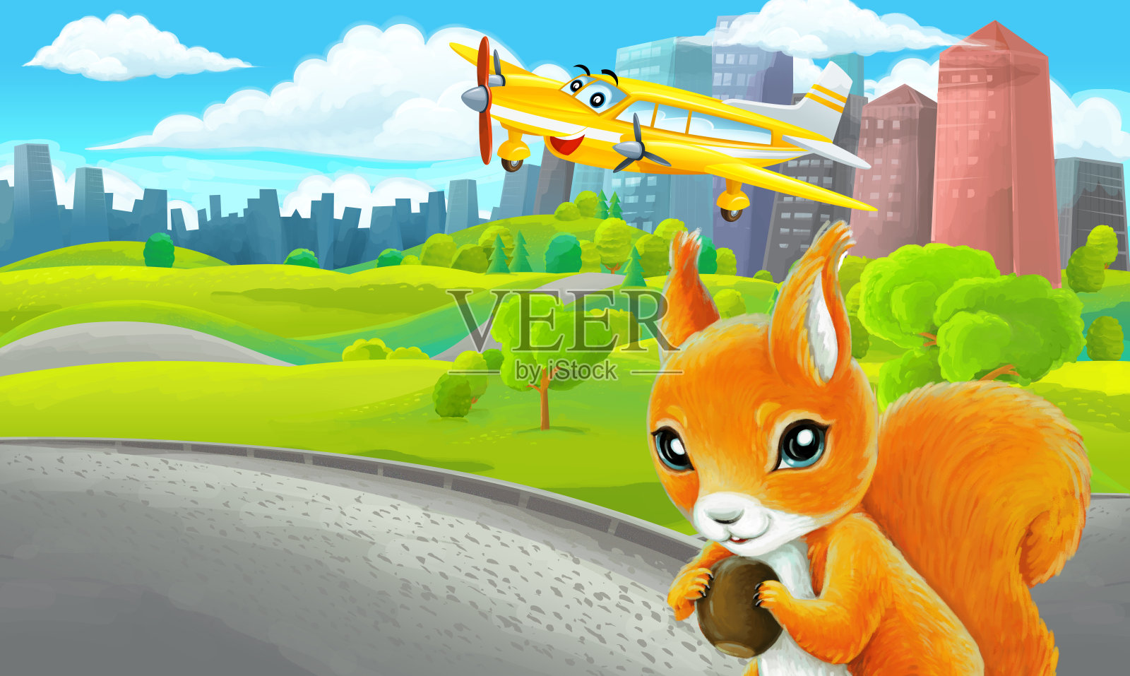 郊外公园卡通场景与素描配私人飞机飞行插画插画图片素材