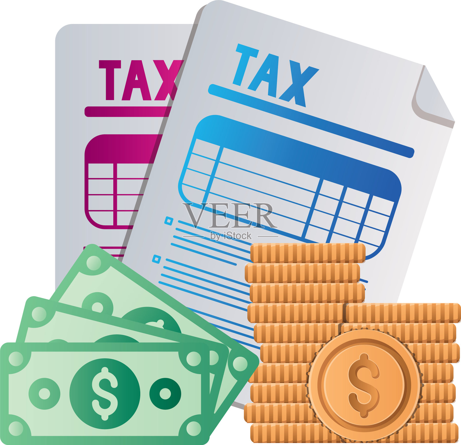 孤立的税务文件，票据和硬币插画图片素材