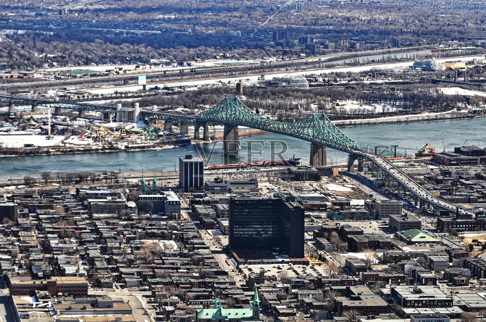 蒙特利尔雅克-卡地亚大桥鸟瞰图照片摄影图片