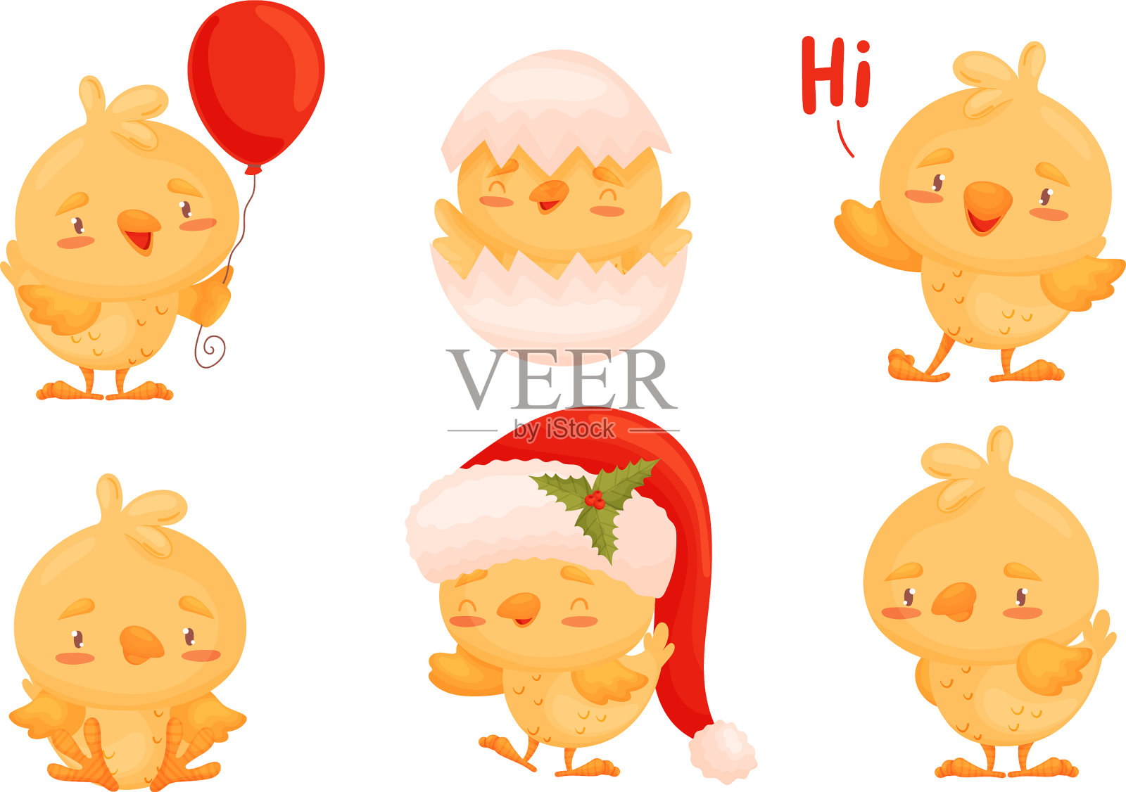 卡通小鸡人物戴着圣诞老人的帽子和插画图片素材