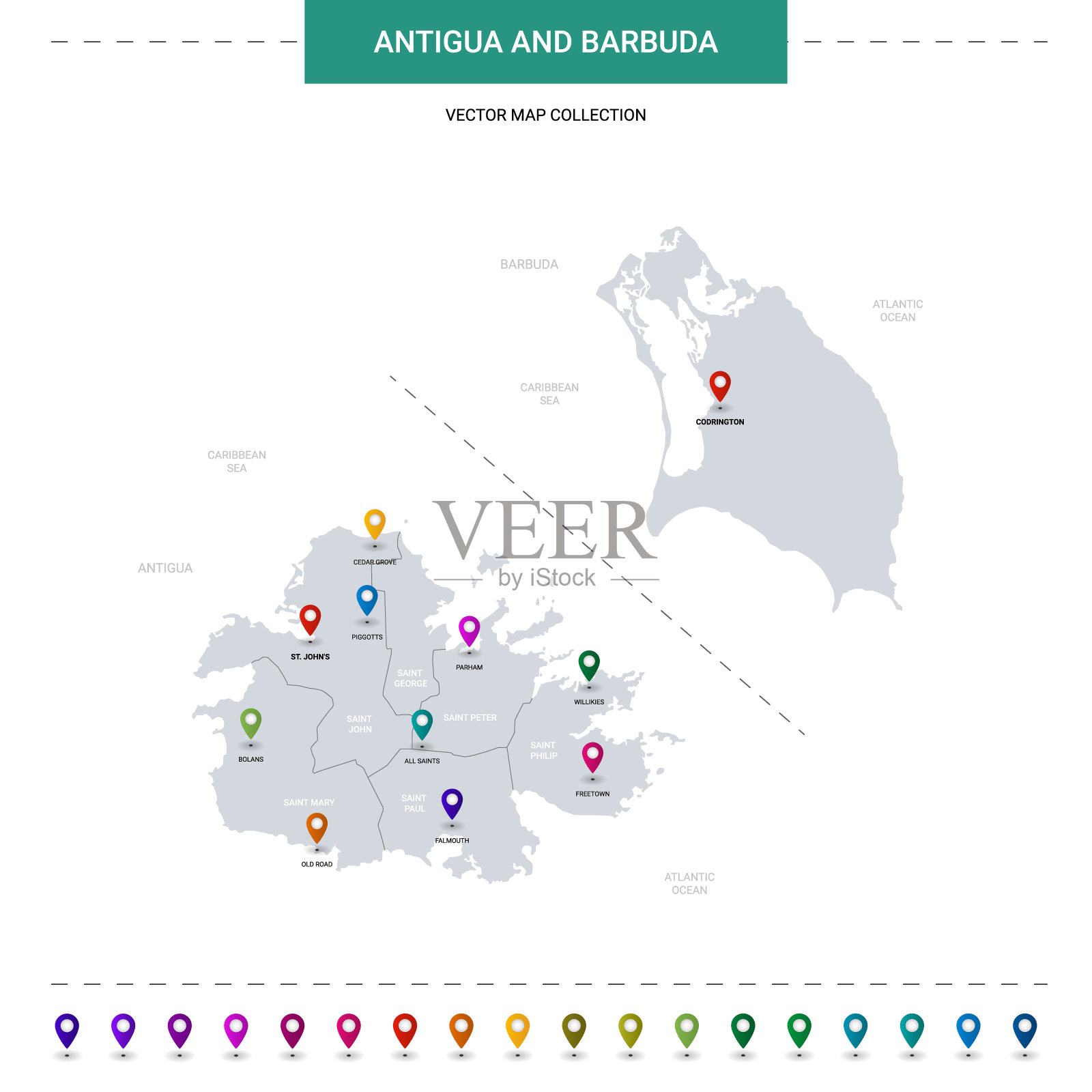 安提瓜和巴布达地图与位置指针标记。信息图矢量模板，孤立在白色背景上。插画图片素材