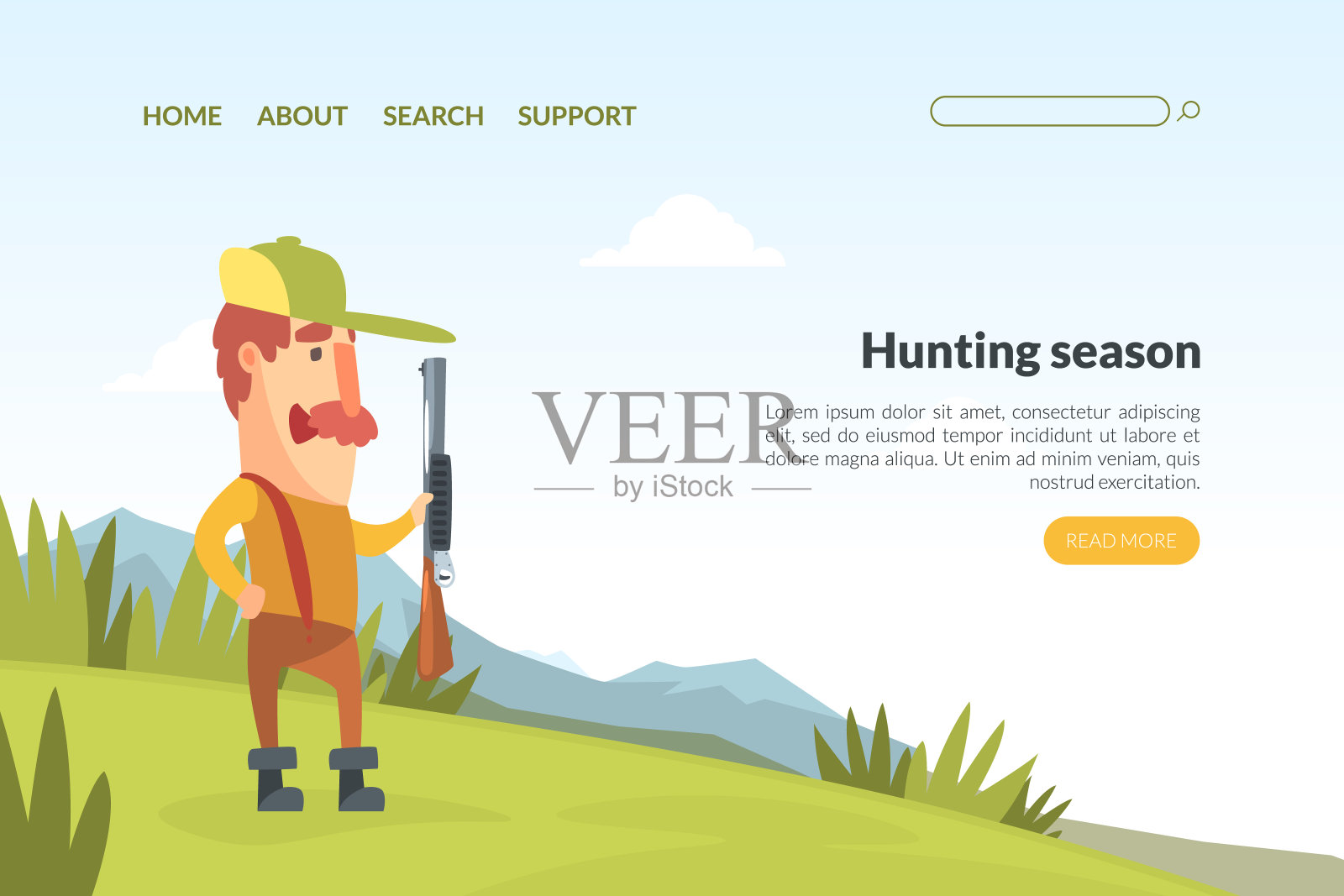 狩猎季节登陆页面模板，有趣的猎人角色角色穿着卡其布衣服和帽子与步枪站卡通矢量插图插画图片素材