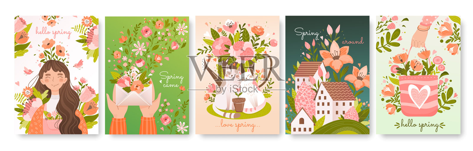 设置五种不同的春季卡片设计设计元素图片