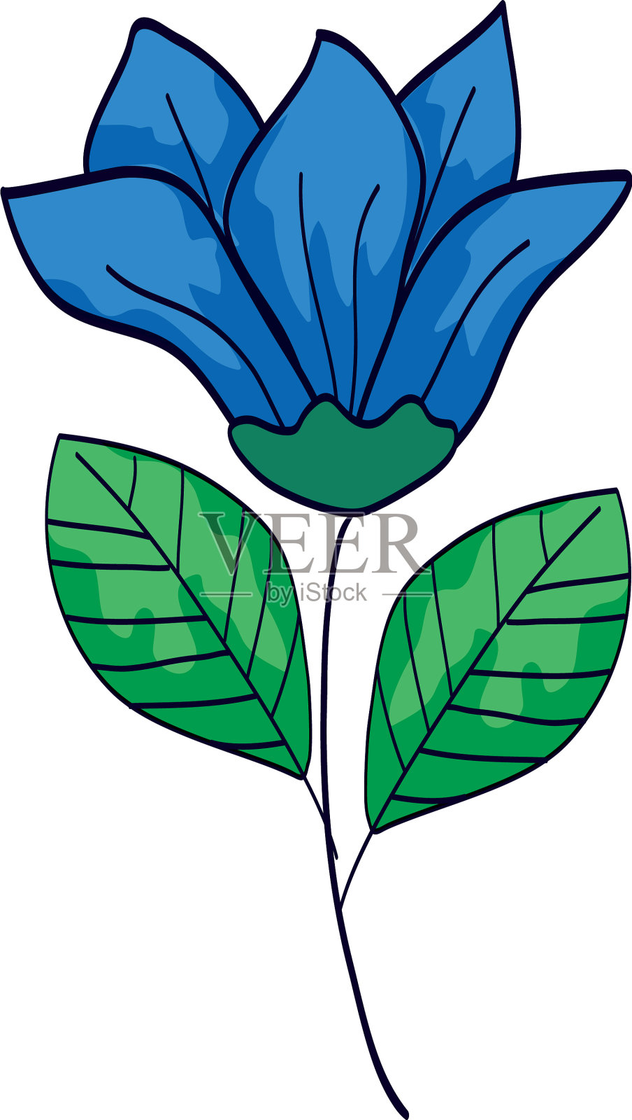 可爱的花，蓝色，枝和叶孤立设计元素图片