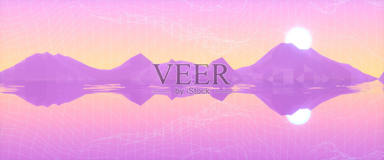 抽象图像的反射山和太阳在海上的三维图像插画图片素材