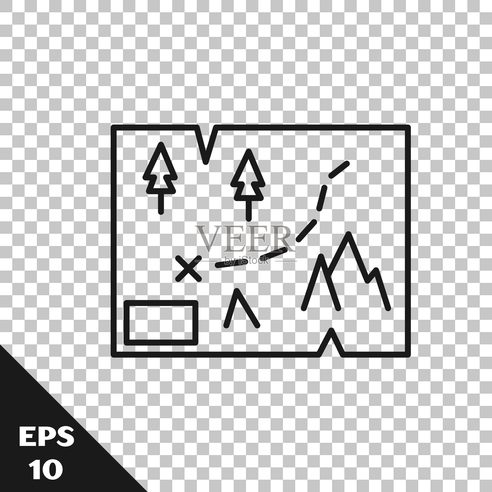 带有位置标记图标的黑线折叠地图插画图片素材