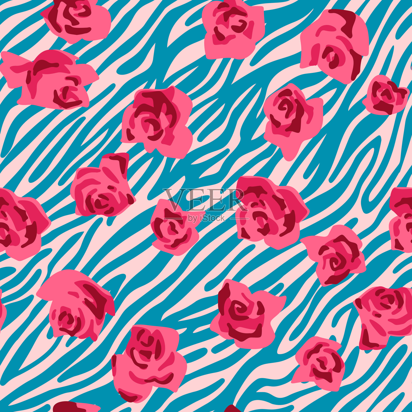 无缝图案制成的玫瑰花蕾斑马条纹皮肤背景。剪纸拼贴风格。混合印刷。夏天植物背景。纺织品和织物纹理的自然主题。插画图片素材
