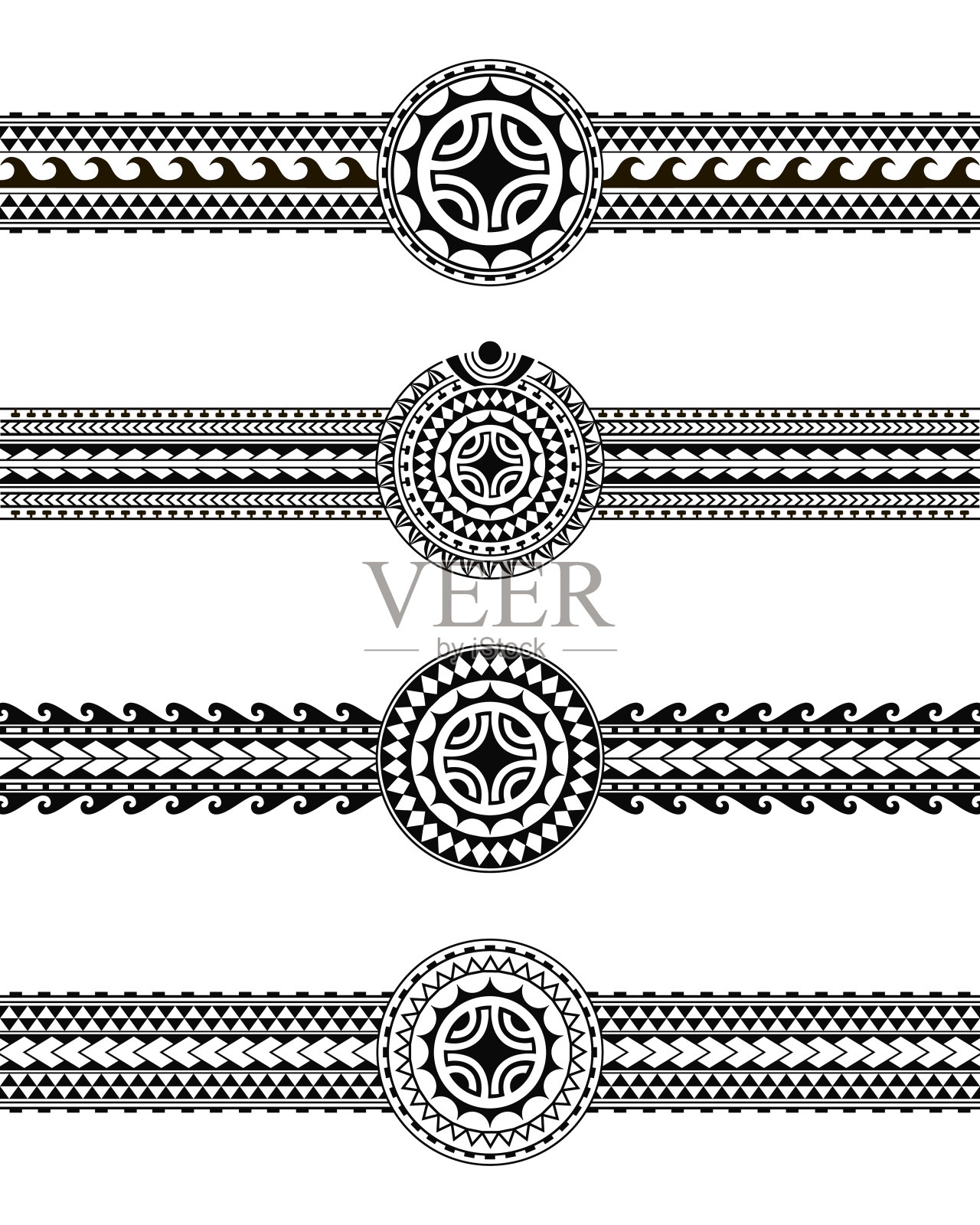 套毛利人波利尼西亚纹身边界部落袖模式向量。萨摩亚手镯纹身设计前臂或脚。插画图片素材