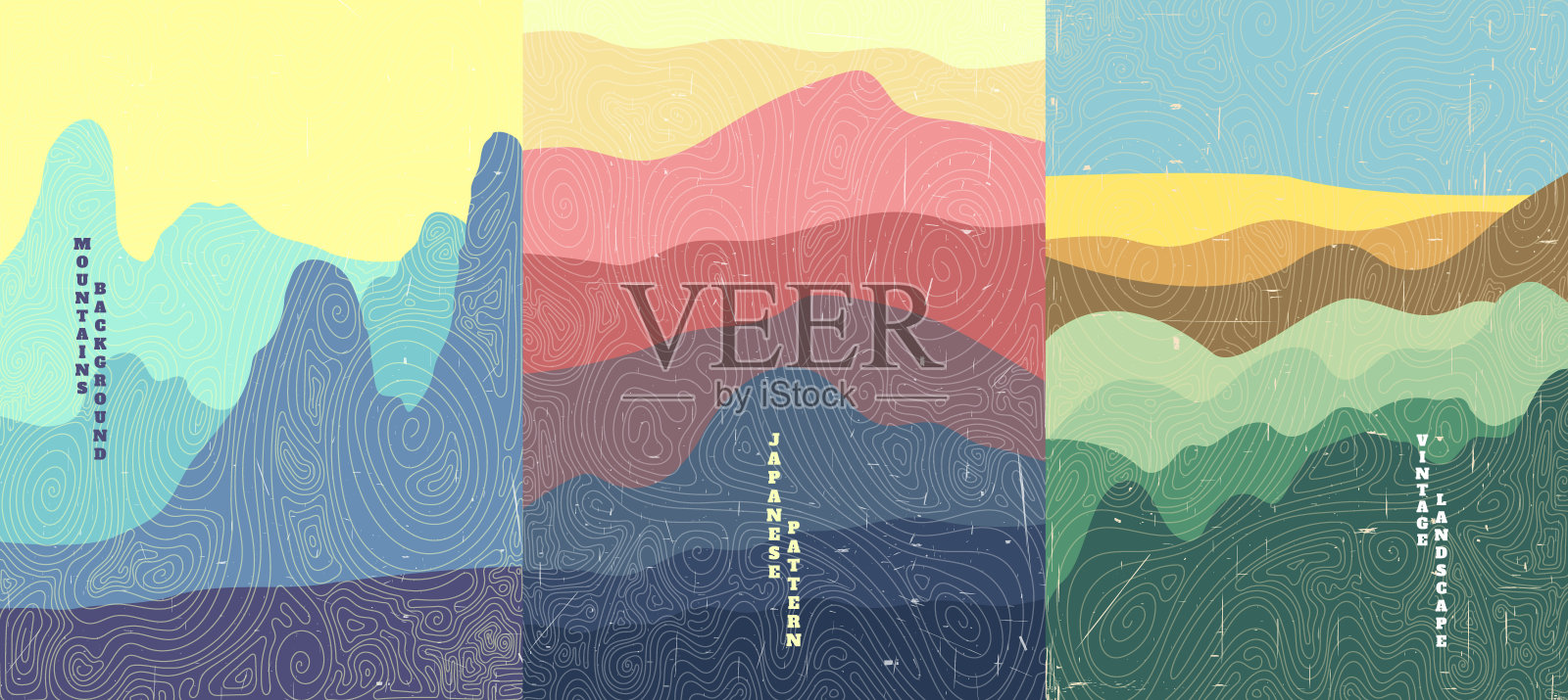 矢量插图景观。木材表面纹理。丘陵、山区、草原。日本的波型。山的背景。亚洲风格。设计海报，书籍封面，网页模板，宣传册。插画图片素材