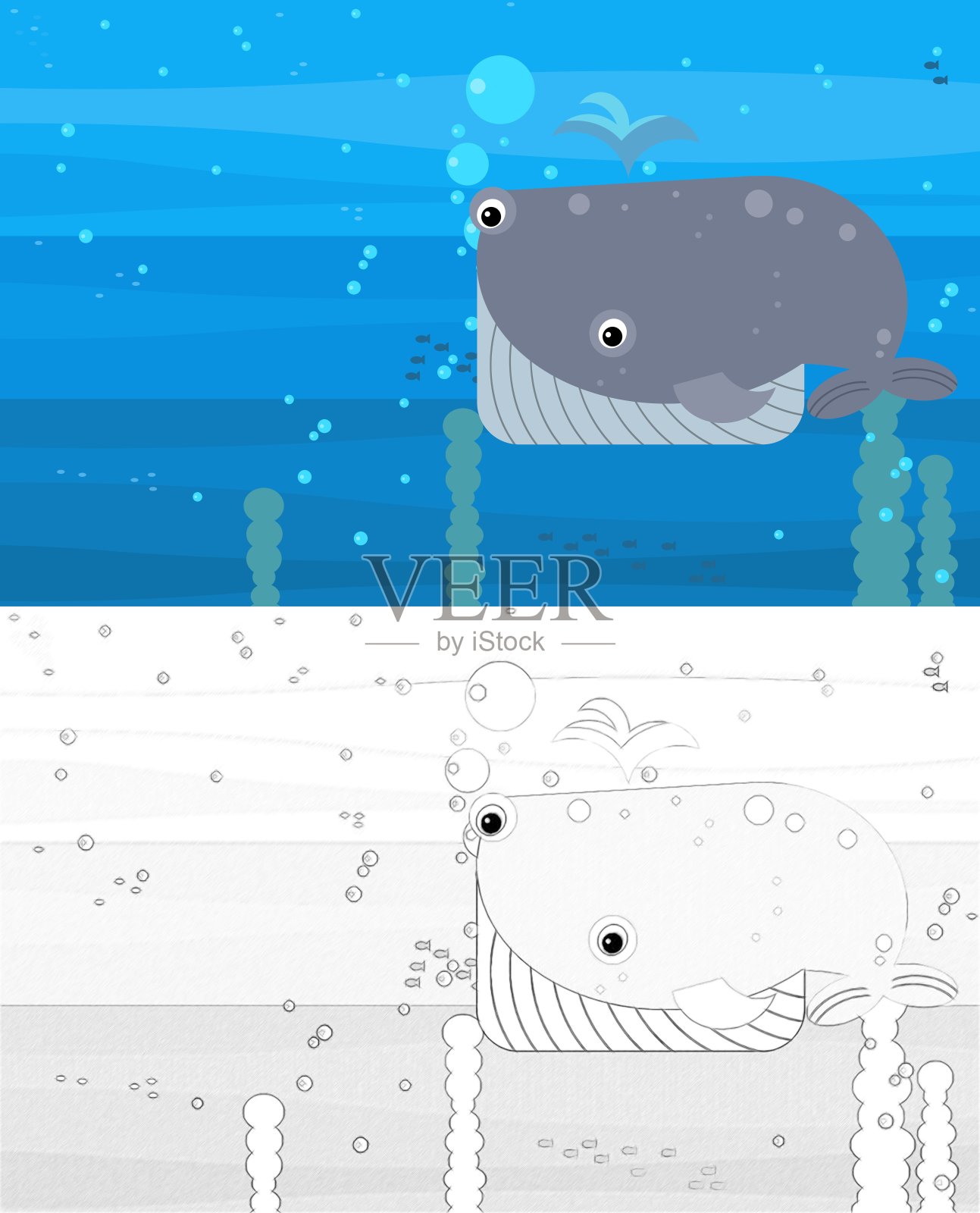 快乐的卡通水下场景与素描与游泳的珊瑚礁鱼与文字插图的空间设计元素图片