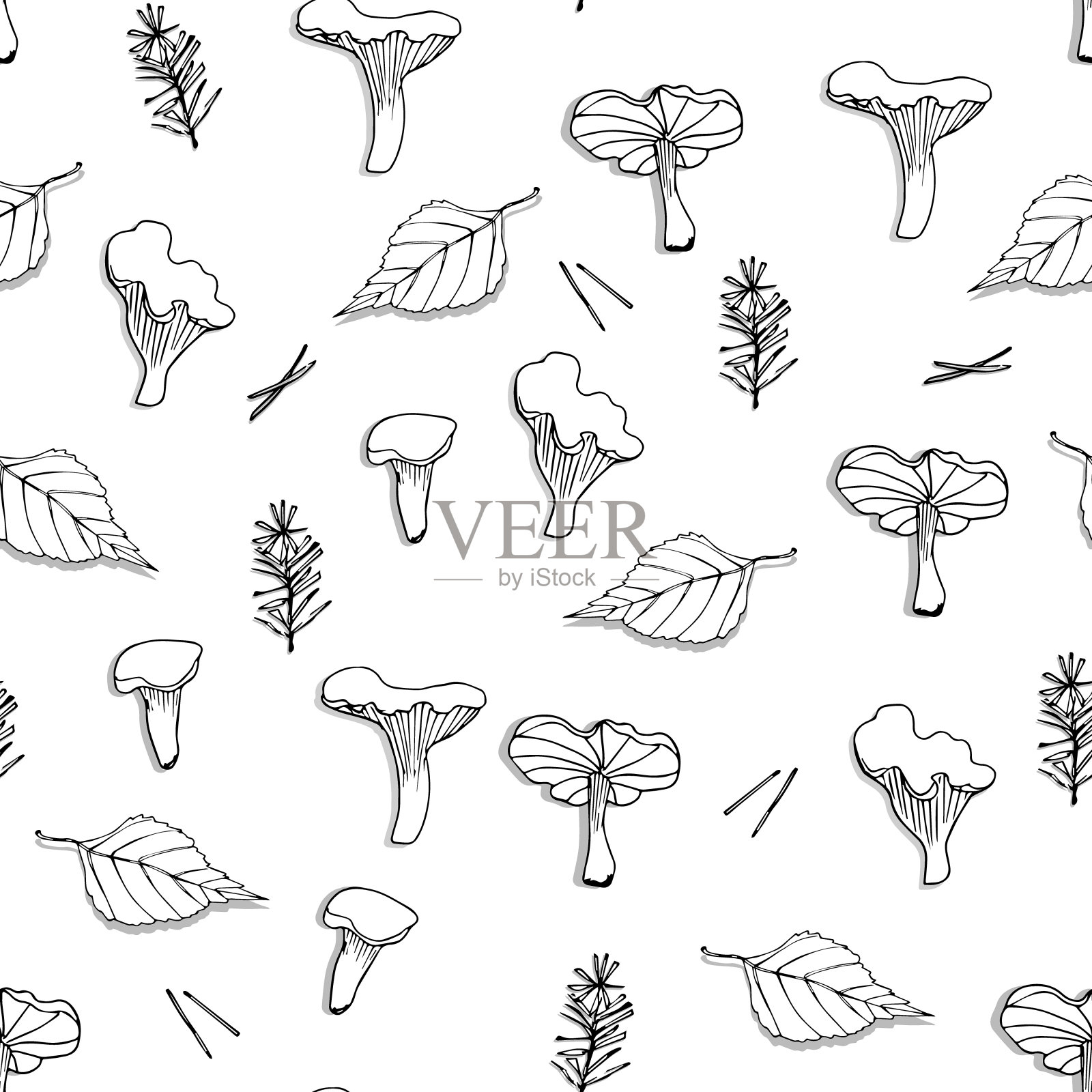 蘑菇、树叶和云杉的树枝都是手工绘制的无缝图案。用于纸张，封面，织物，礼品包装，墙壁艺术，室内装饰。向量插画图片素材
