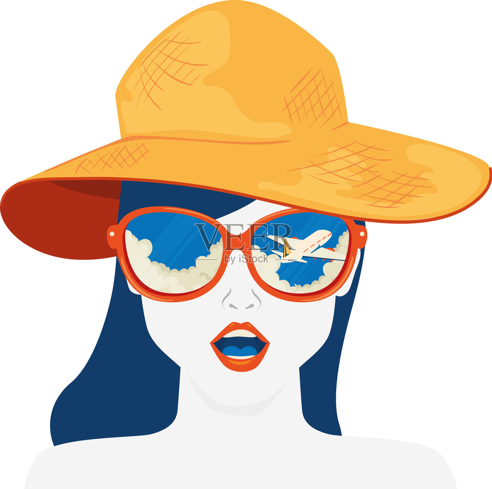 戴着夏帽和太阳镜的女人插画图片素材