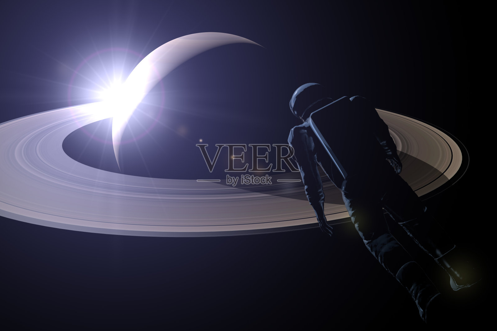 孤独的宇航员在土星轨道上照片摄影图片