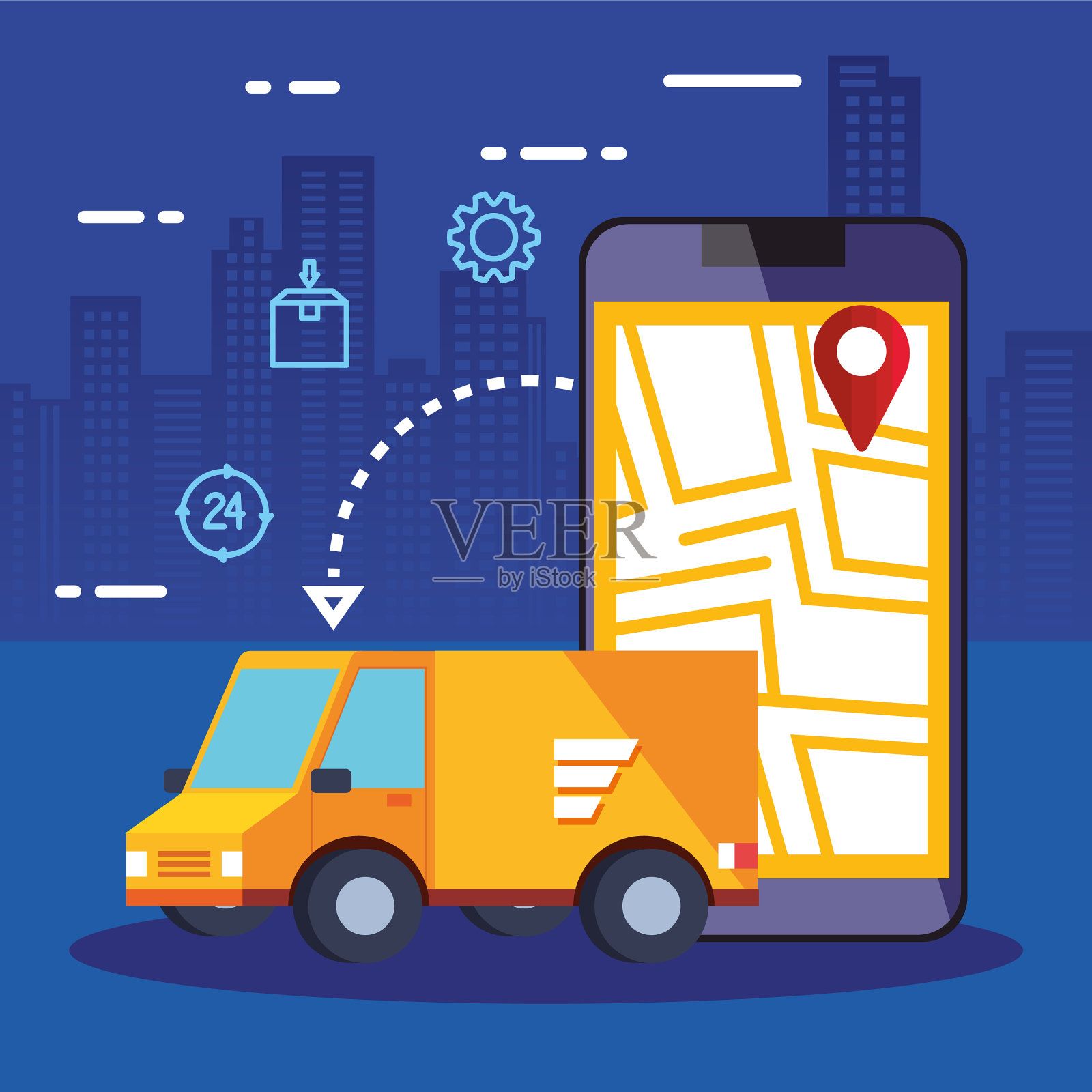 智能手机，应用物流服务和货车插画图片素材