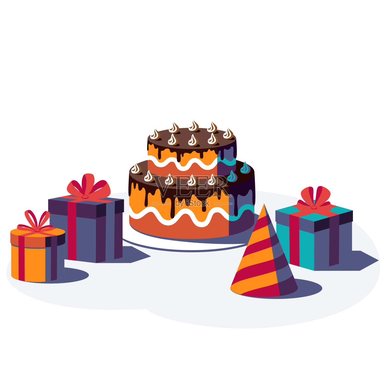 礼盒丝带和蝴蝶结，派对帽子和蛋糕孤立在白色的背景。插画图片素材