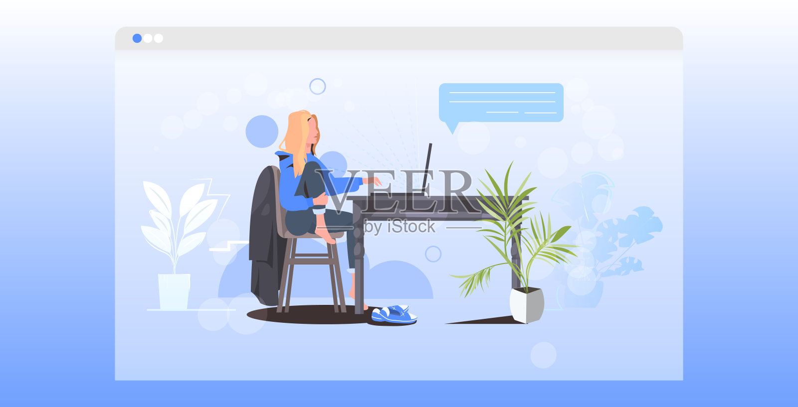 女性使用笔记本电脑远程隔离工作隔离聊天泡社交网络交流理念插画图片素材