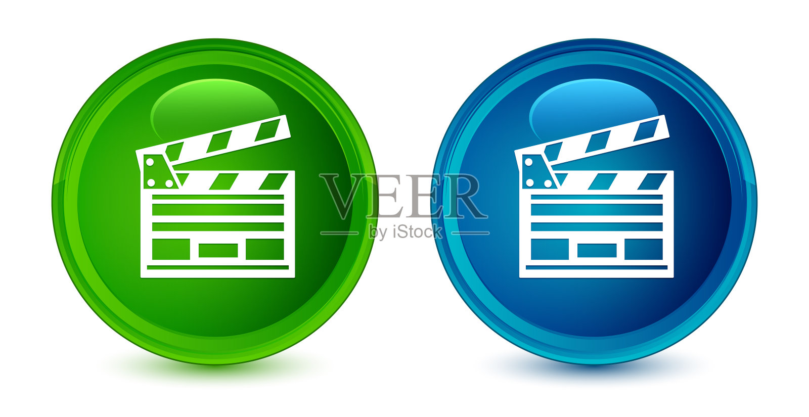电影剪辑图标艺术光泽的蓝色和绿色圆形按钮设置图标素材
