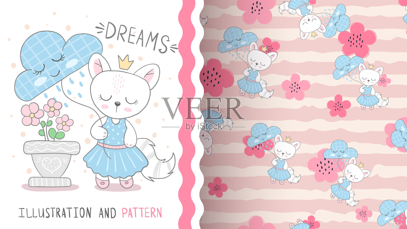 可爱的小花猫-无缝图案插画图片素材