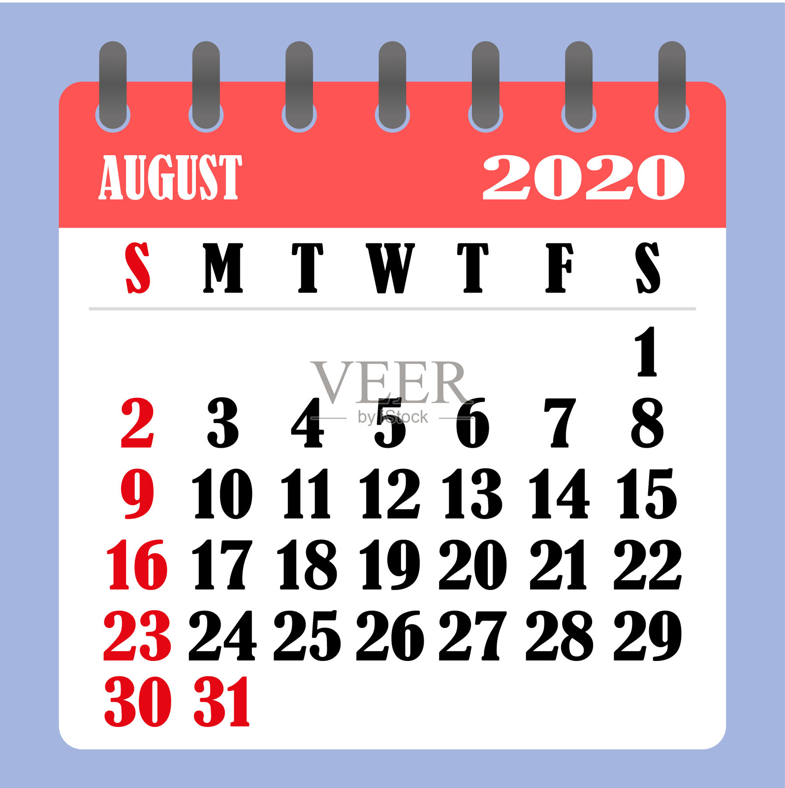 2020年8月的信件日历。一周从星期天开始。时间、计划和进度概念。平面设计。可移动的日历为一个月。向量插画图片素材