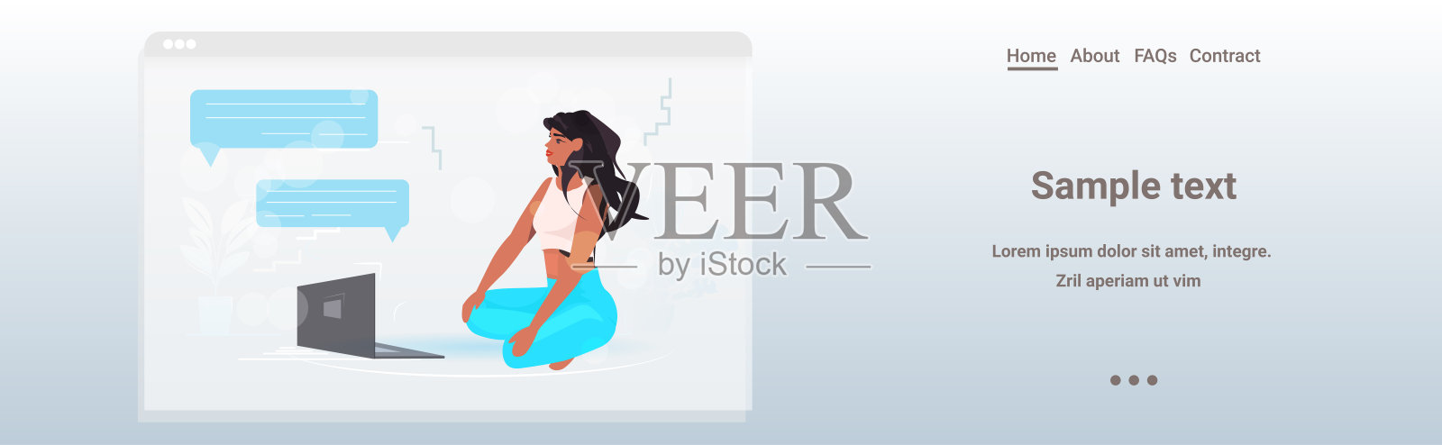 女子用笔记本电脑聊天期间视频通话远程工作隔离聊天气泡通信插画图片素材