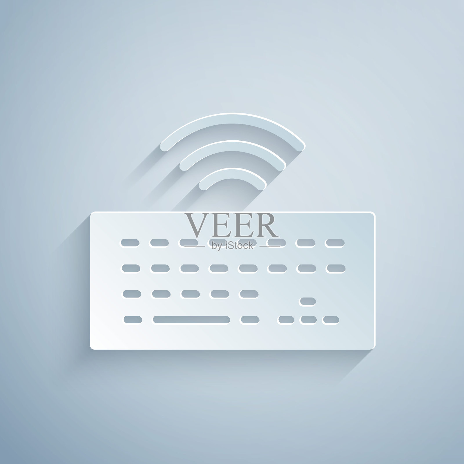 剪纸无线电脑键盘图标孤立在灰色背景。电脑组件的信号。物联网概念与无线连接。纸艺术风格。向量图标素材