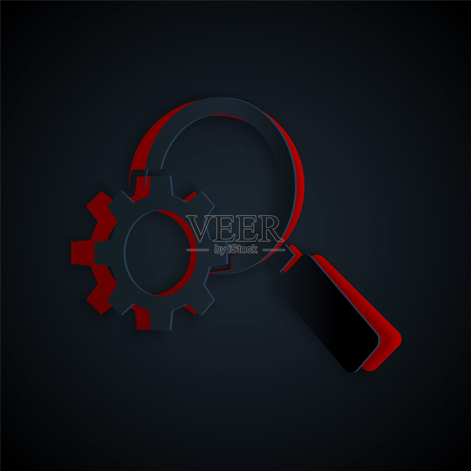 剪纸放大镜和齿轮图标孤立在黑色背景。搜索齿轮工具。业务分析的象征。纸艺术风格。矢量图插画图片素材