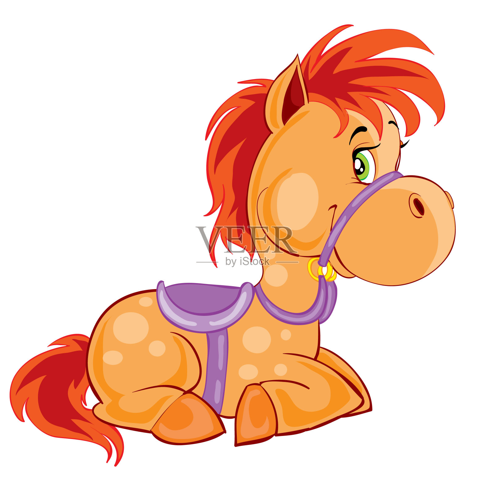 棕色可爱的马躺着，卡通插图，白色背景上的孤立物体，矢量插图，插画图片素材