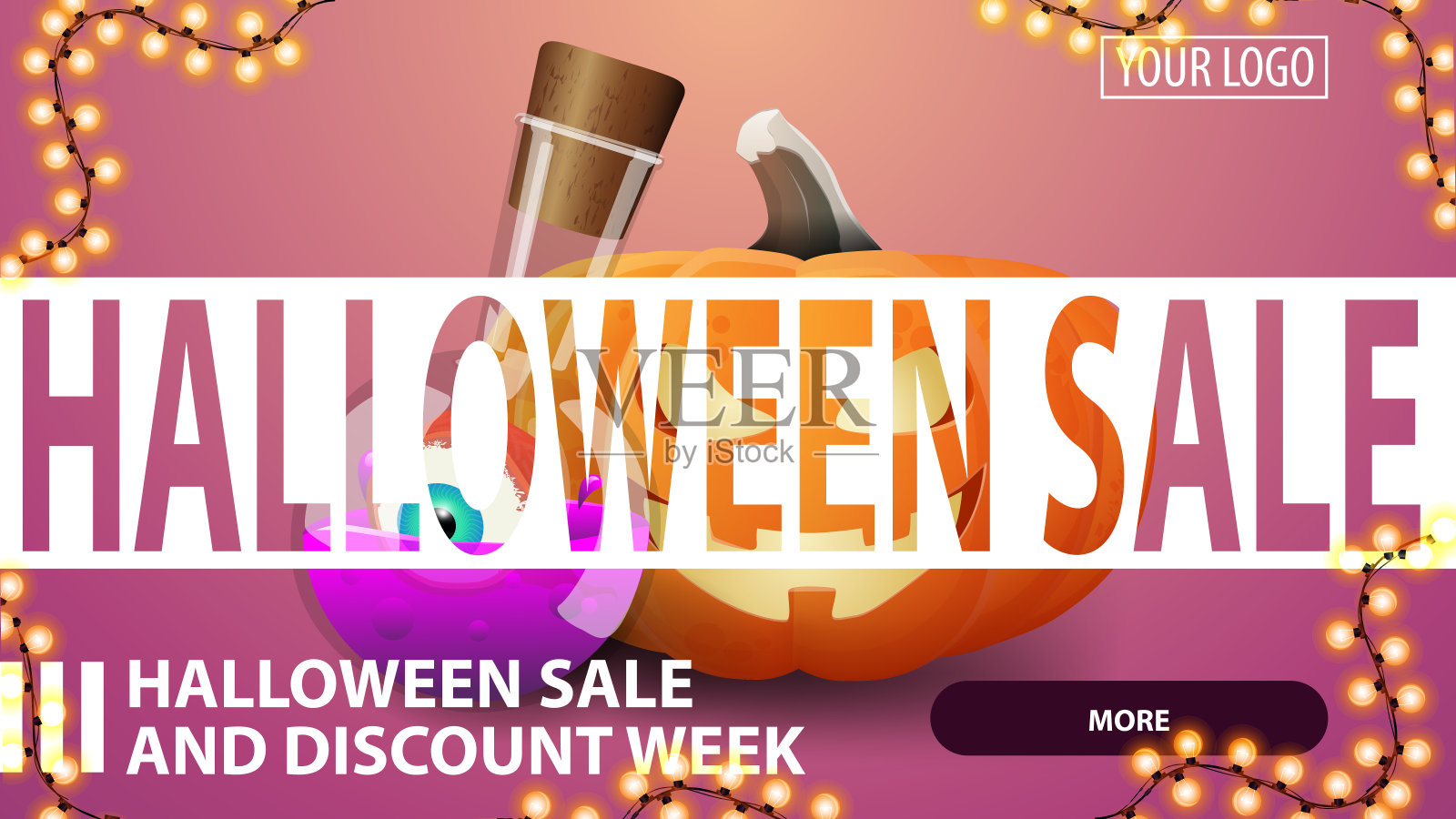 万圣节销售和折扣周，水平粉红色的创意折扣横幅与南瓜杰克和女巫的药水设计元素图片