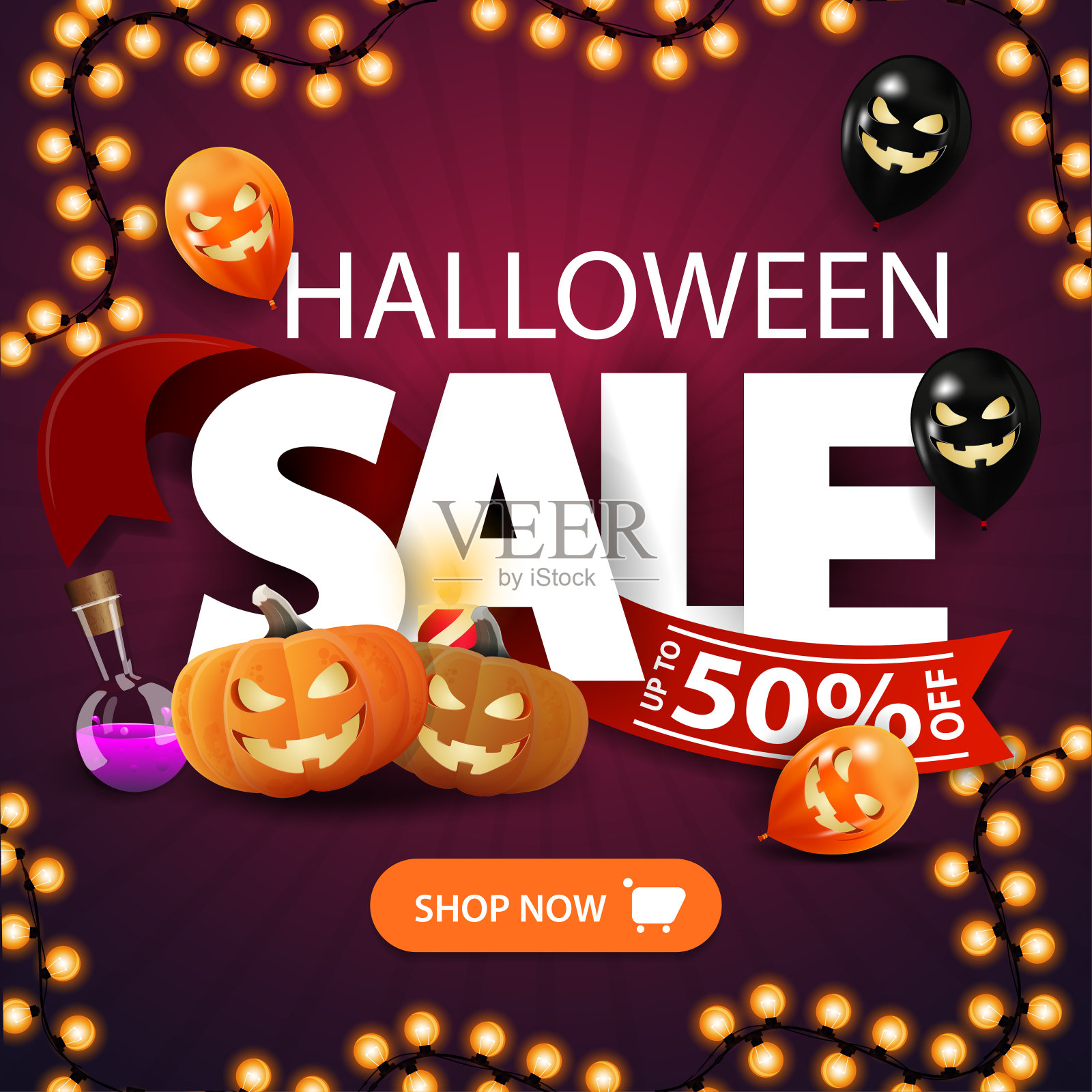 万圣节大减价，紫色的方形横幅与大字母，南瓜，万圣节气球和花环。广场横幅为您的业务设计模板素材