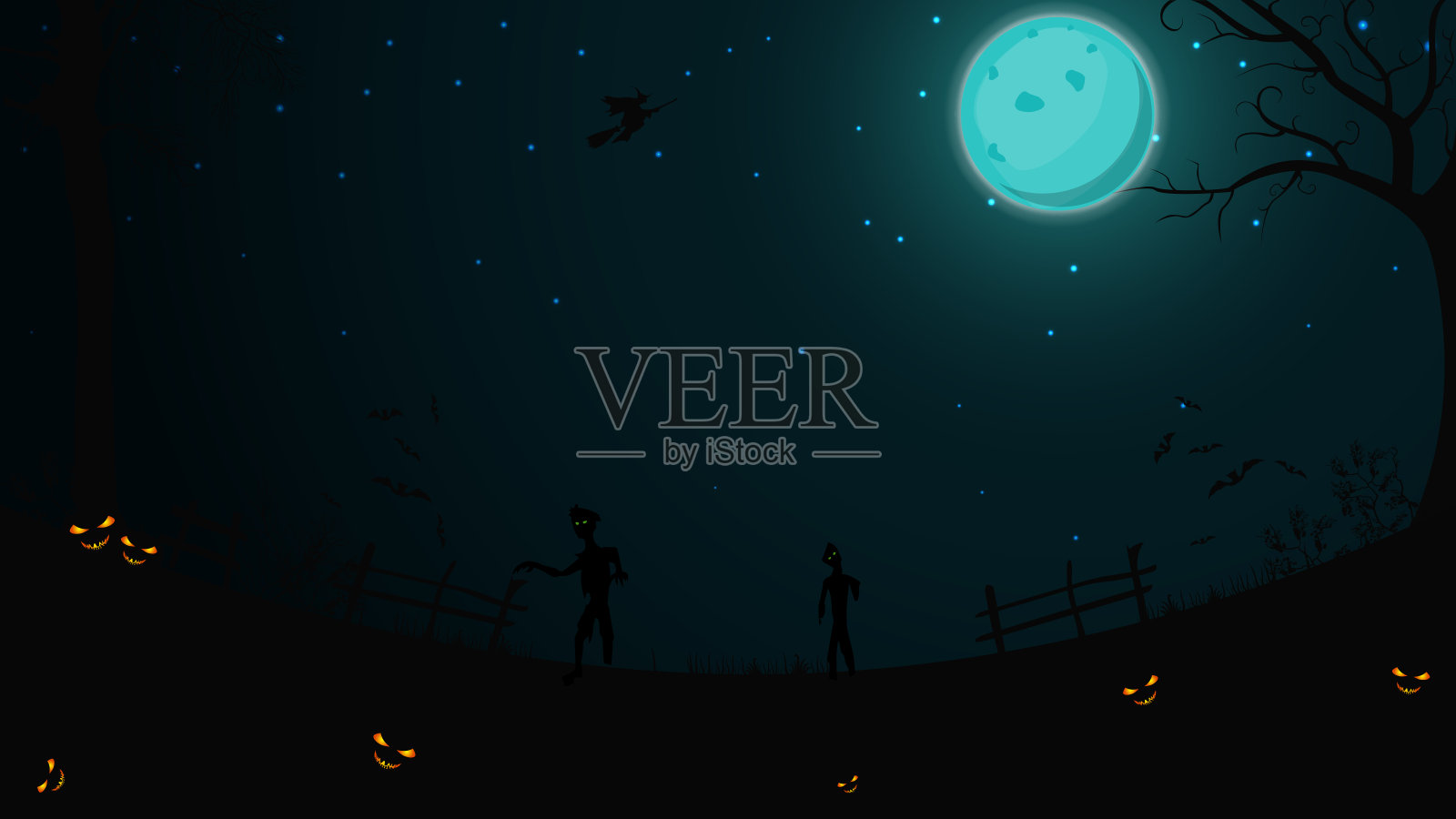 万圣节的背景，黑暗的夜晚，满月，星空，清晰的田野，篱笆，草地，树木，蝙蝠，僵尸和女巫在扫帚上。万圣节背景为您的艺术插画图片素材