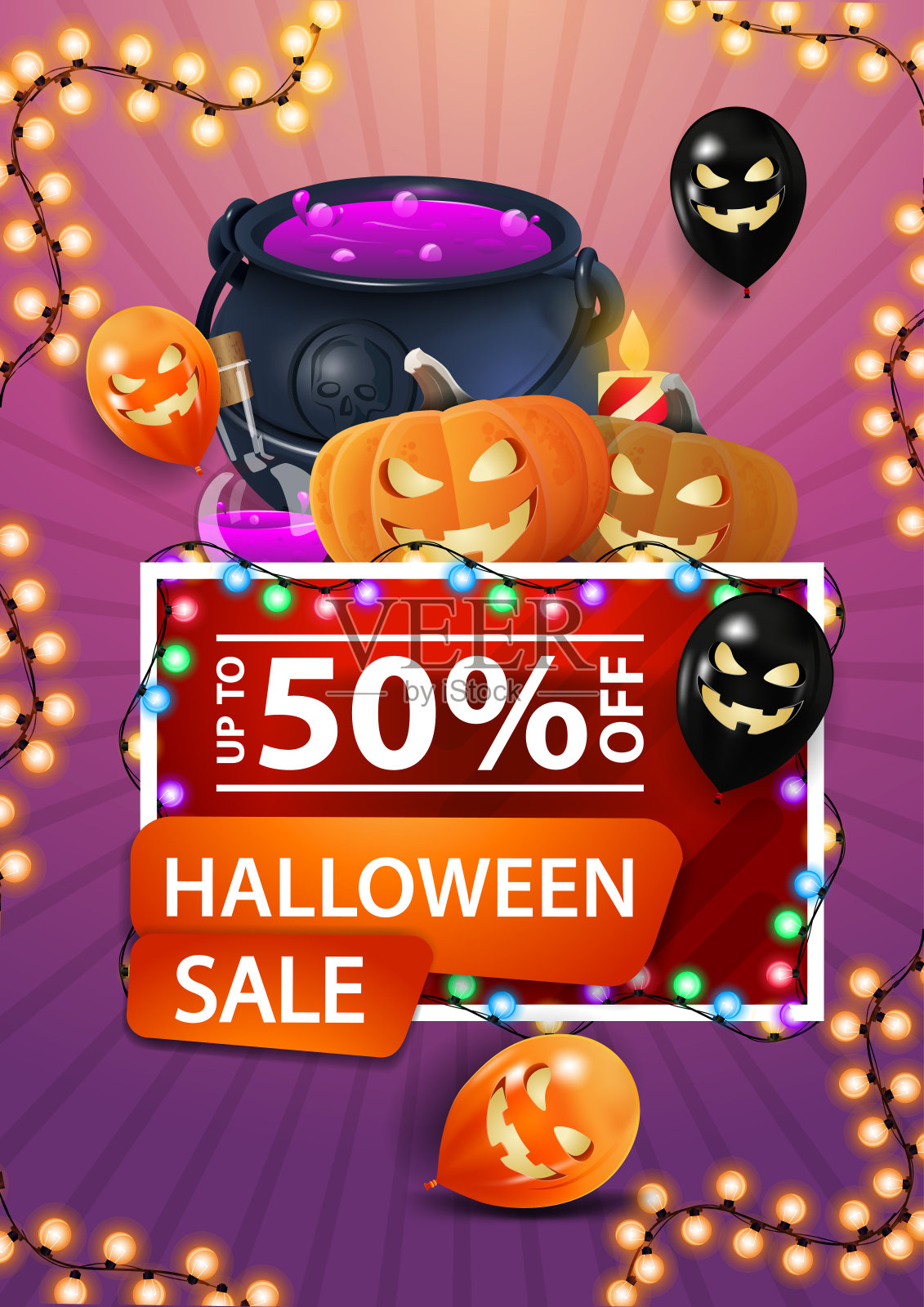 万圣节特卖，红色的折扣横幅与花环，万圣节气球，女巫的坩埚和南瓜杰克设计模板素材