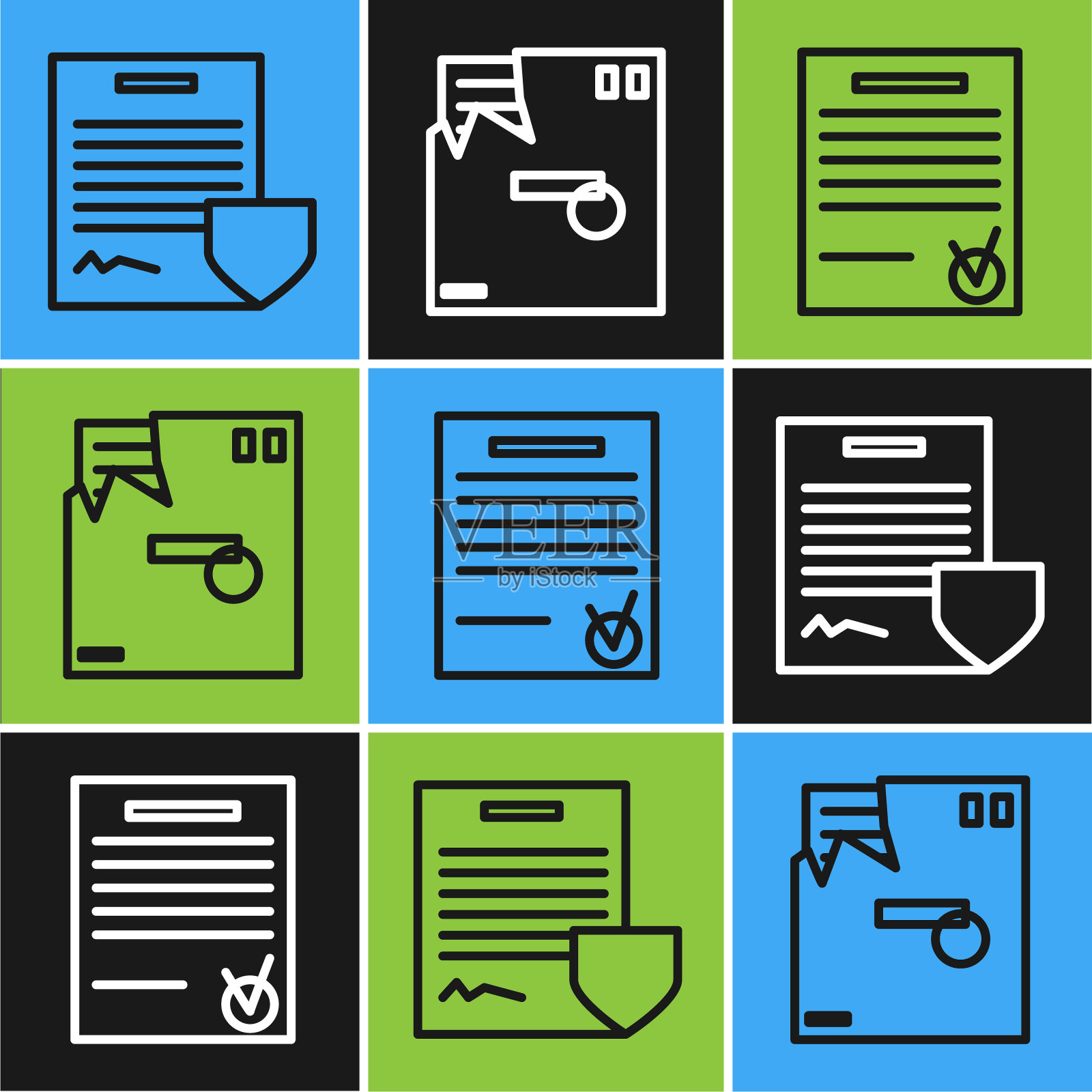 用盾牌、确认文件、检查标记和已订购信封图标设置合同。向量插画图片素材